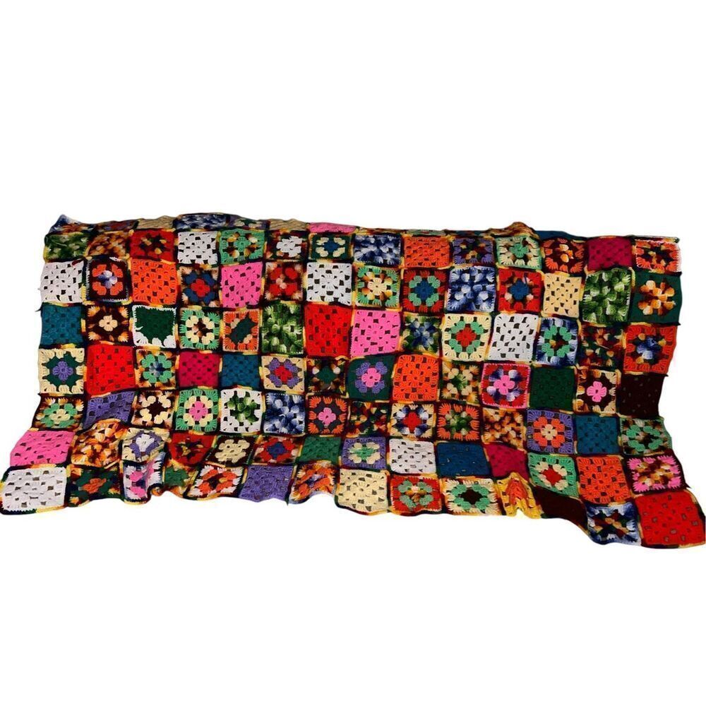 Afghan Crochet quirky Granny Square 66x38 Blanket Handmade Throw colorful floral